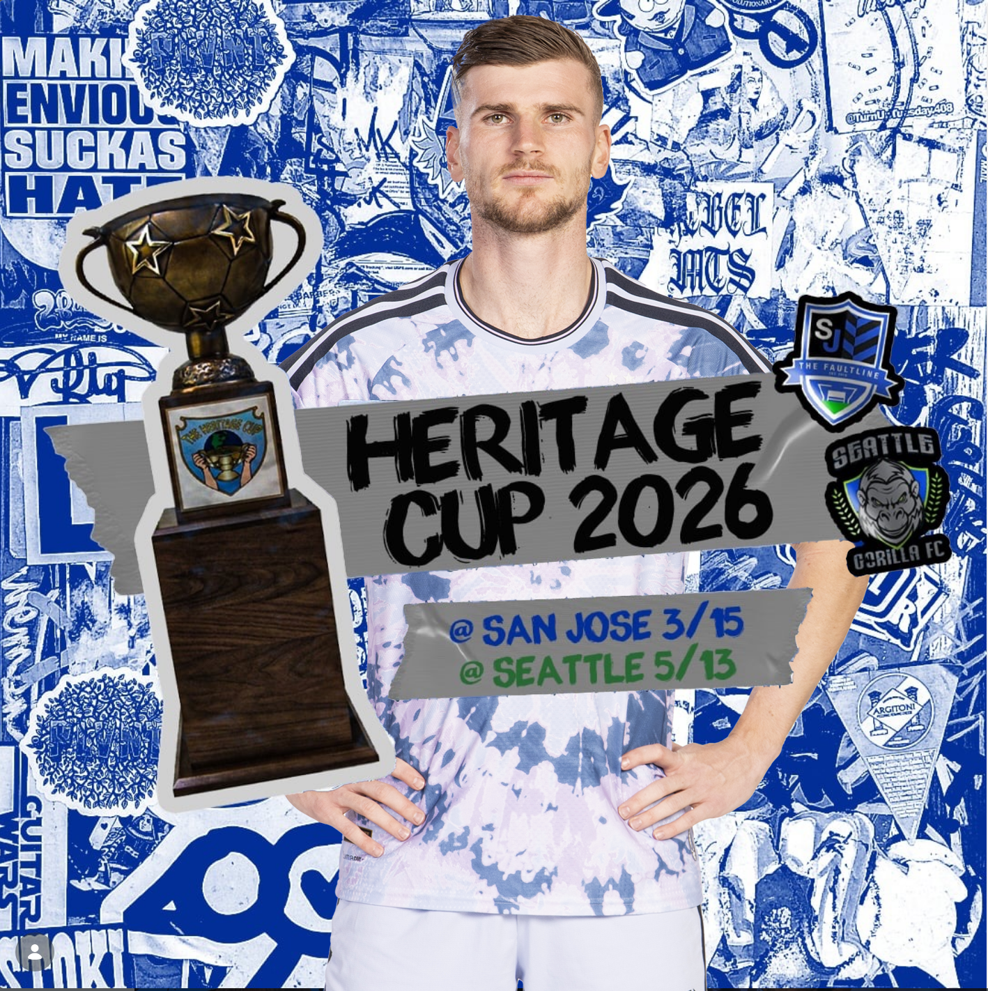 Graphic for Heritage Cup 2026 showing match dates and a picture of Timo Werner
